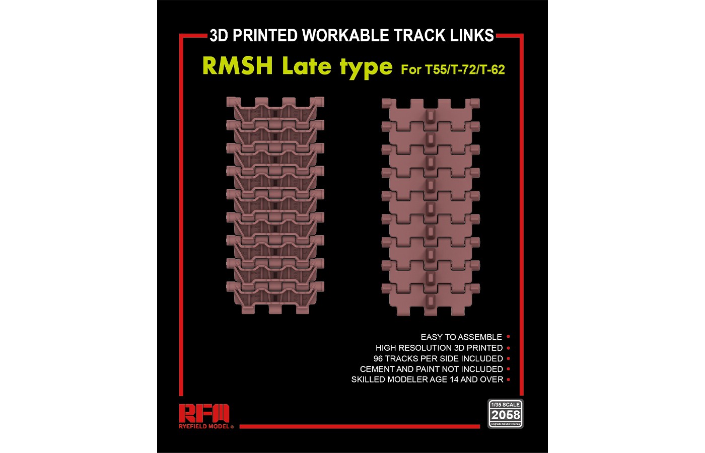 RM-2058  RMSH Late Type For T55/-72/T-62 3D PRINTED WORKABLE TRACK LINKS